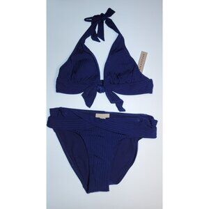 Robin Piccone Bikini Swim Top V-Neck Color Blue Bottom Mid Rise Solid Sz M # 23